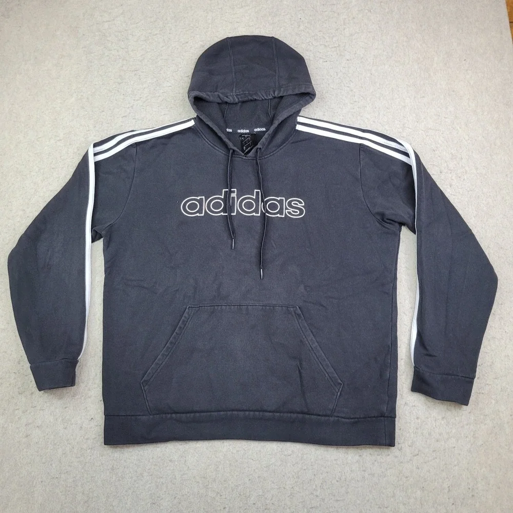Adidas‎ 3 Stripe Hoodie Mens M Black Faded Pullover Drawstring Pullover